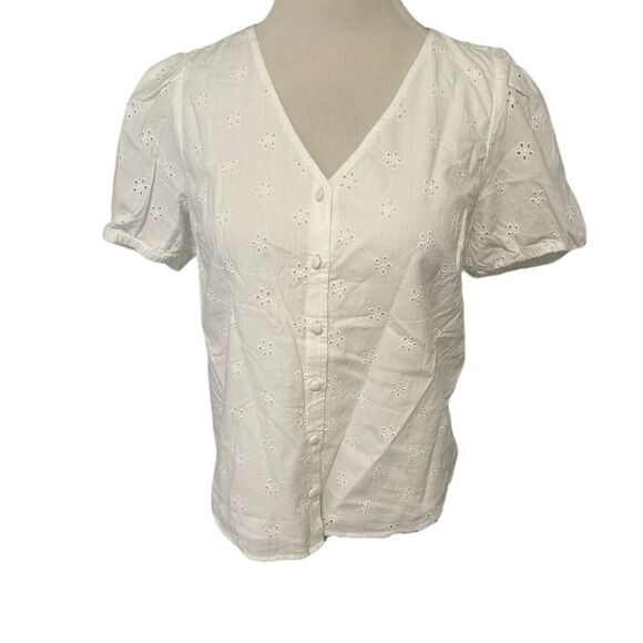 New! J.Crew White Eyelet V-Neck Short Sleeve Top Sz S - Picture 1 of 4